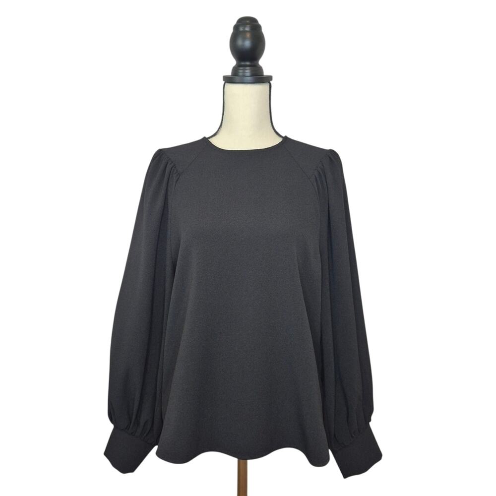 GANNI Heavy Crepe Blouse Black Long Balloon Sleeve Crew Neck Top Womens Size 38